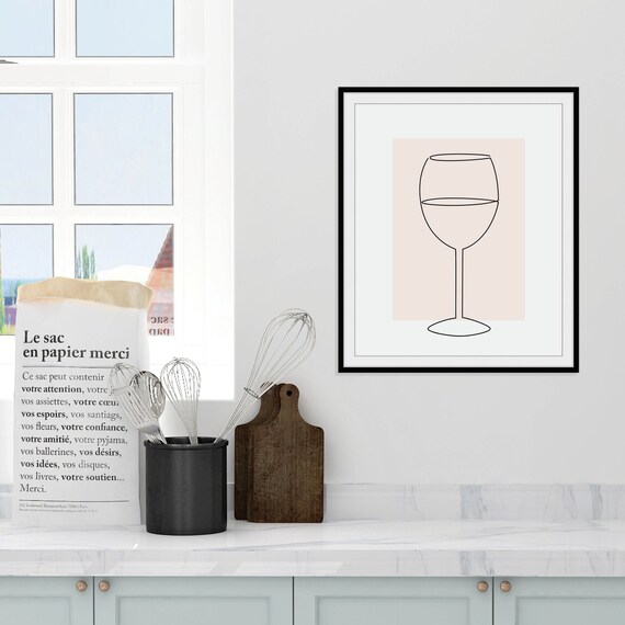 Wine Glass Line Drawing Poster Blush Pink Minimalist Kitchen Art