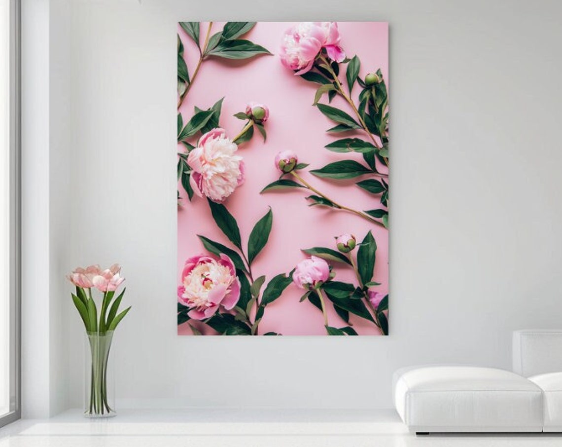 Pink Peony Blossoms Flat Lay Floral Pattern Pink Background Print