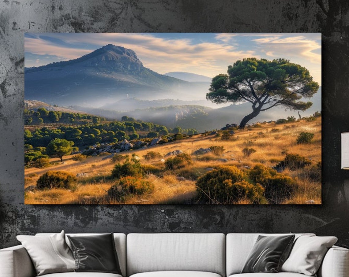 Golden Meadow Lone Pine Tree Misty Mountain Valley Sunrise Poster