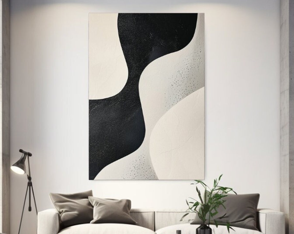 Cream Black Flowing Waves Textured Minimal Modern Abstract Poster