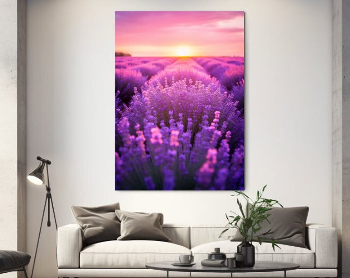 Lavender Field at Sunset Purple Rows Glowing Sky Nature Poster