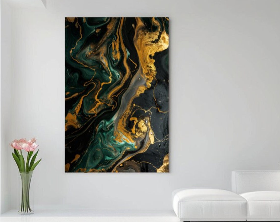 Black Emerald Green Gold Marble Swirls Abstract Luxury Wall Art