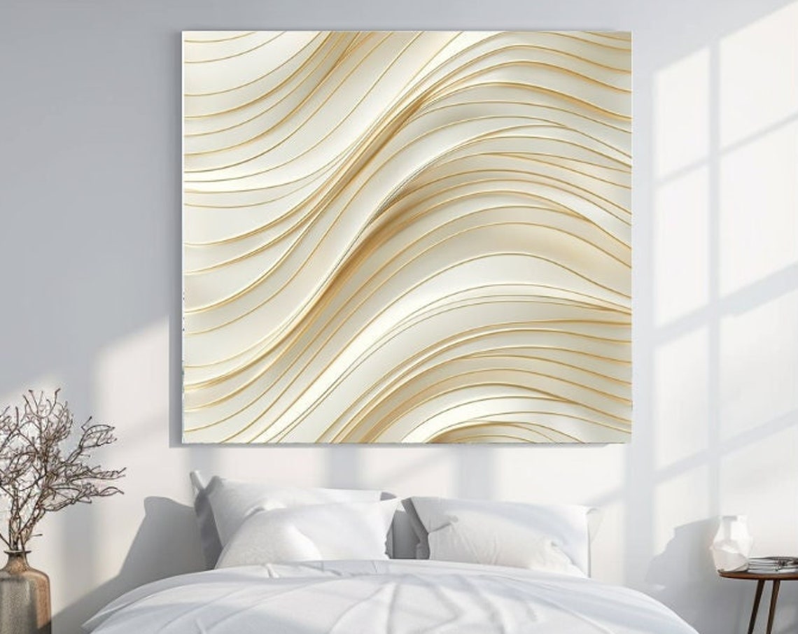 Cream Beige Flowing Curved Lines Abstract Minimal Modern Wall Art