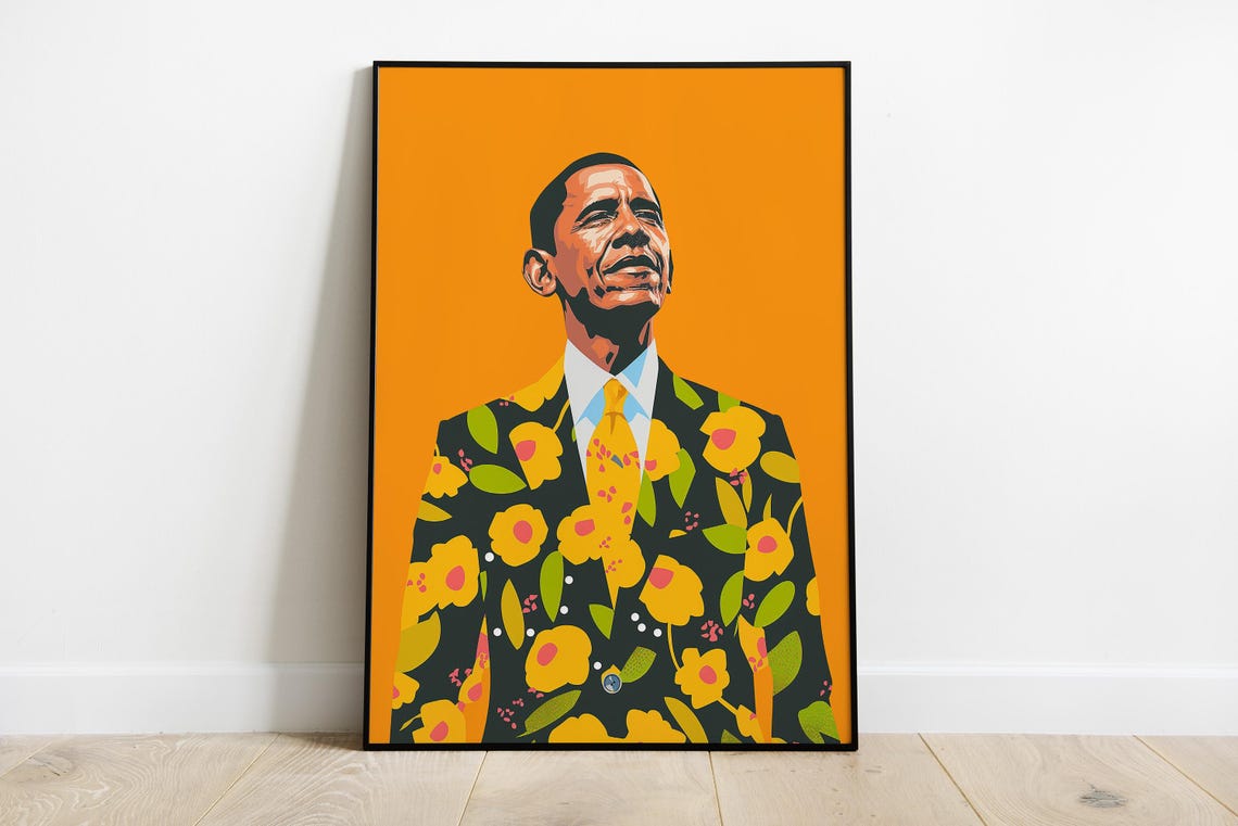 Barack Obama Floral Suit Pop Art Orange Portrait Modern Poster