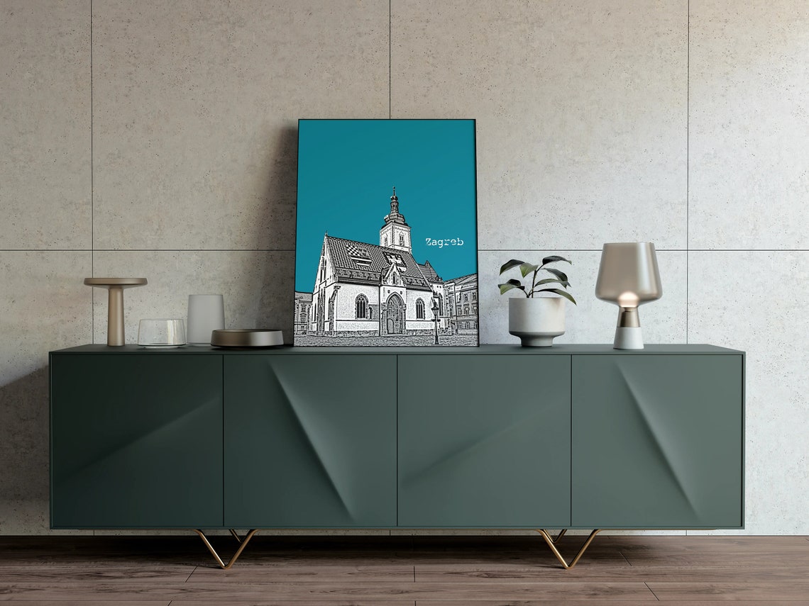 Zagreb Croatia Checkered Church Color Block Poster Custom Sky Color - Image 4