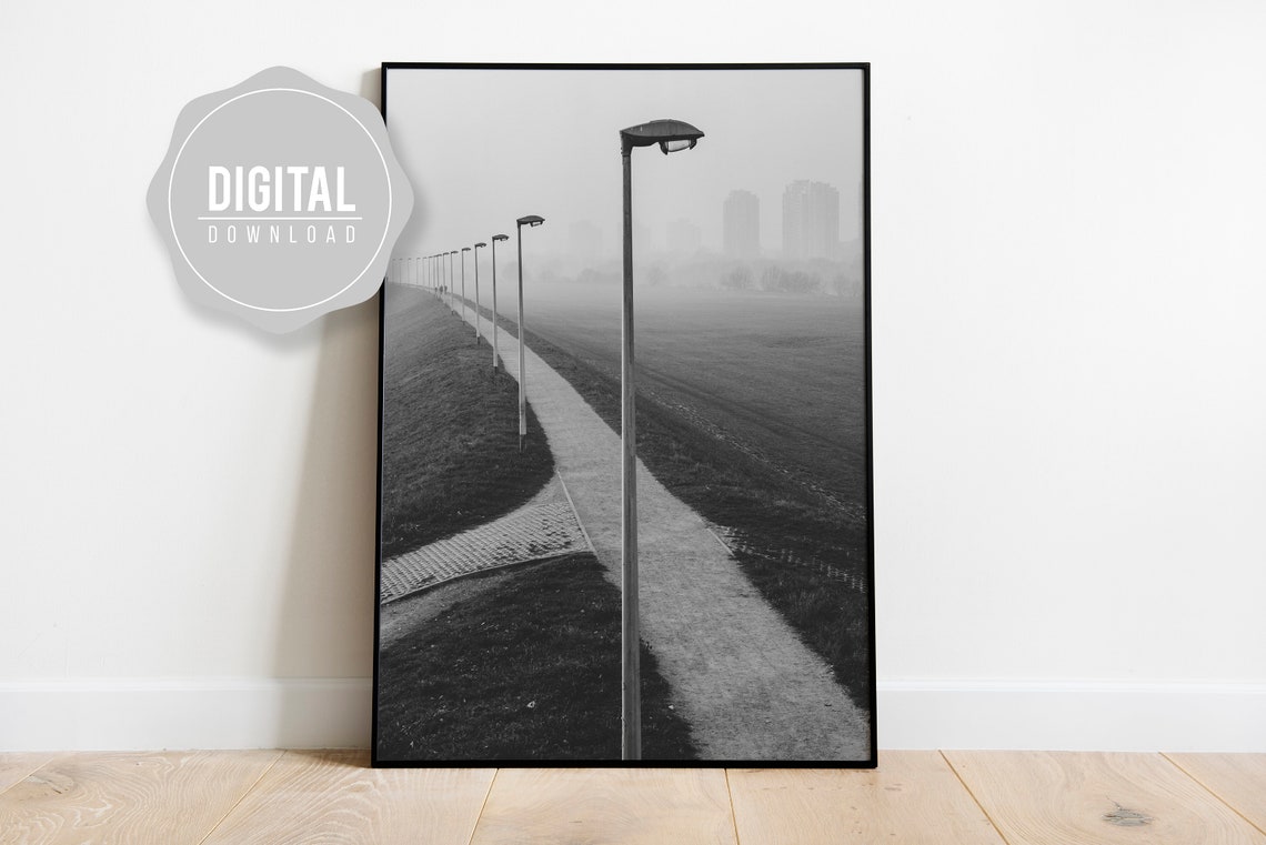 Foggy Black And White Street Lamp Path Moody Urban Photo Print Decor