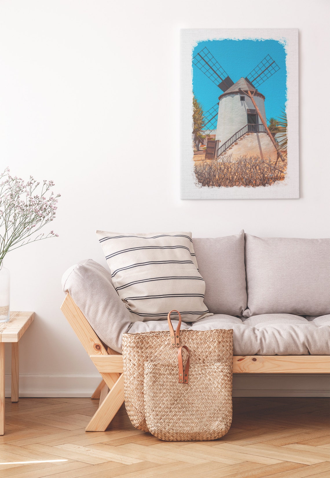 Rustic Mediterranean Windmill Against Bright Blue Sky Poster - Image 3