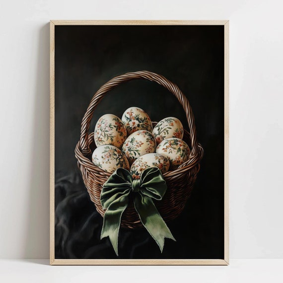 Moody Vintage Easter Basket Print Muted Eggs Art Farmhouse Easter Decor Dark Cottagecore Wall Art Cozy Moody Spring Home Decor