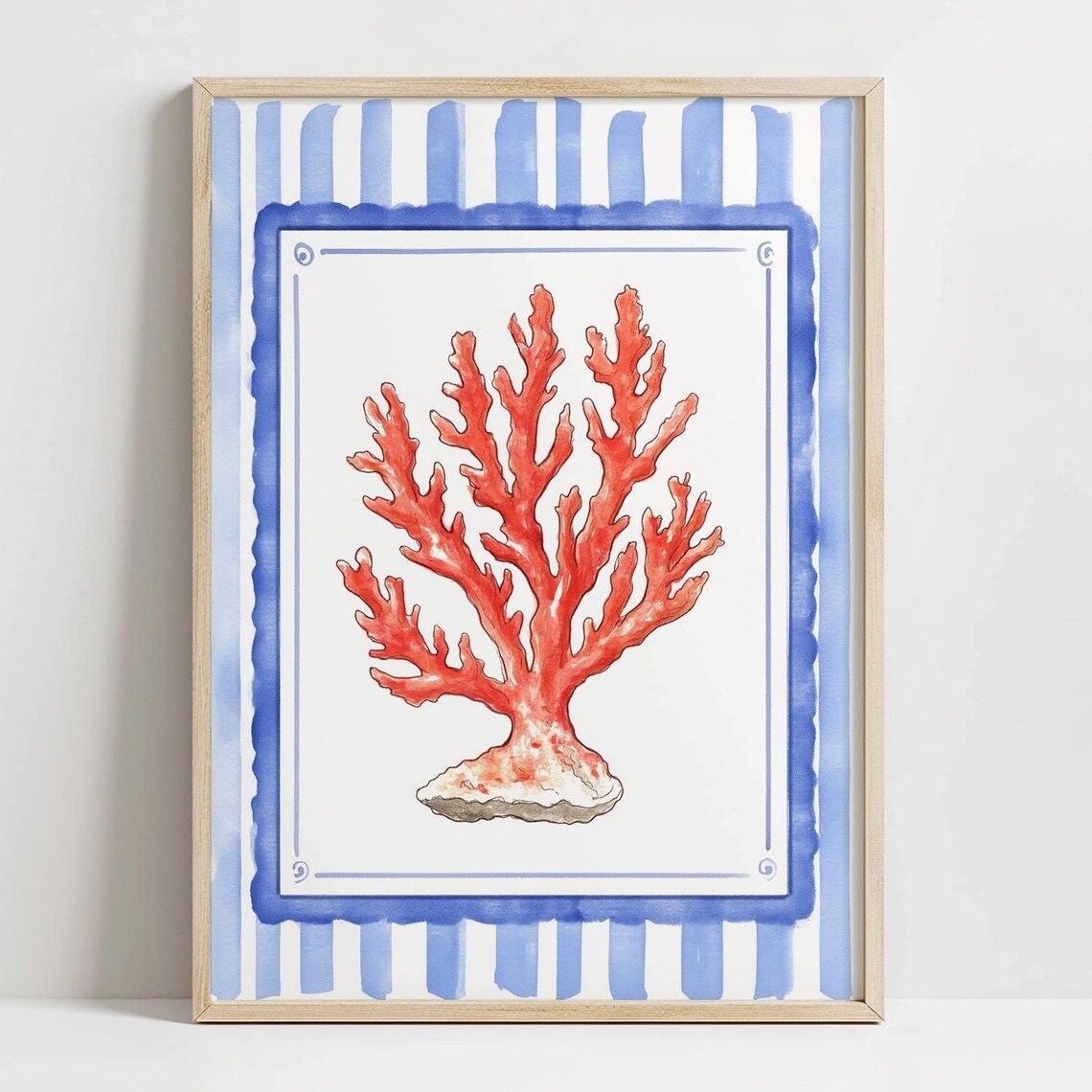 Vibrant Red Coral Blue Border Coastal Nautical Beach Decor Poster