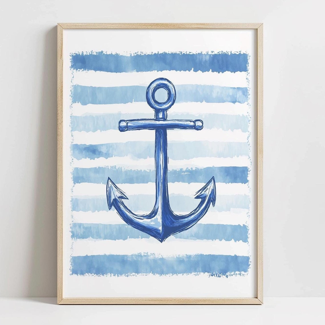 Navy Anchor Watercolor Nautical Stripes Coastal Beach House Poster