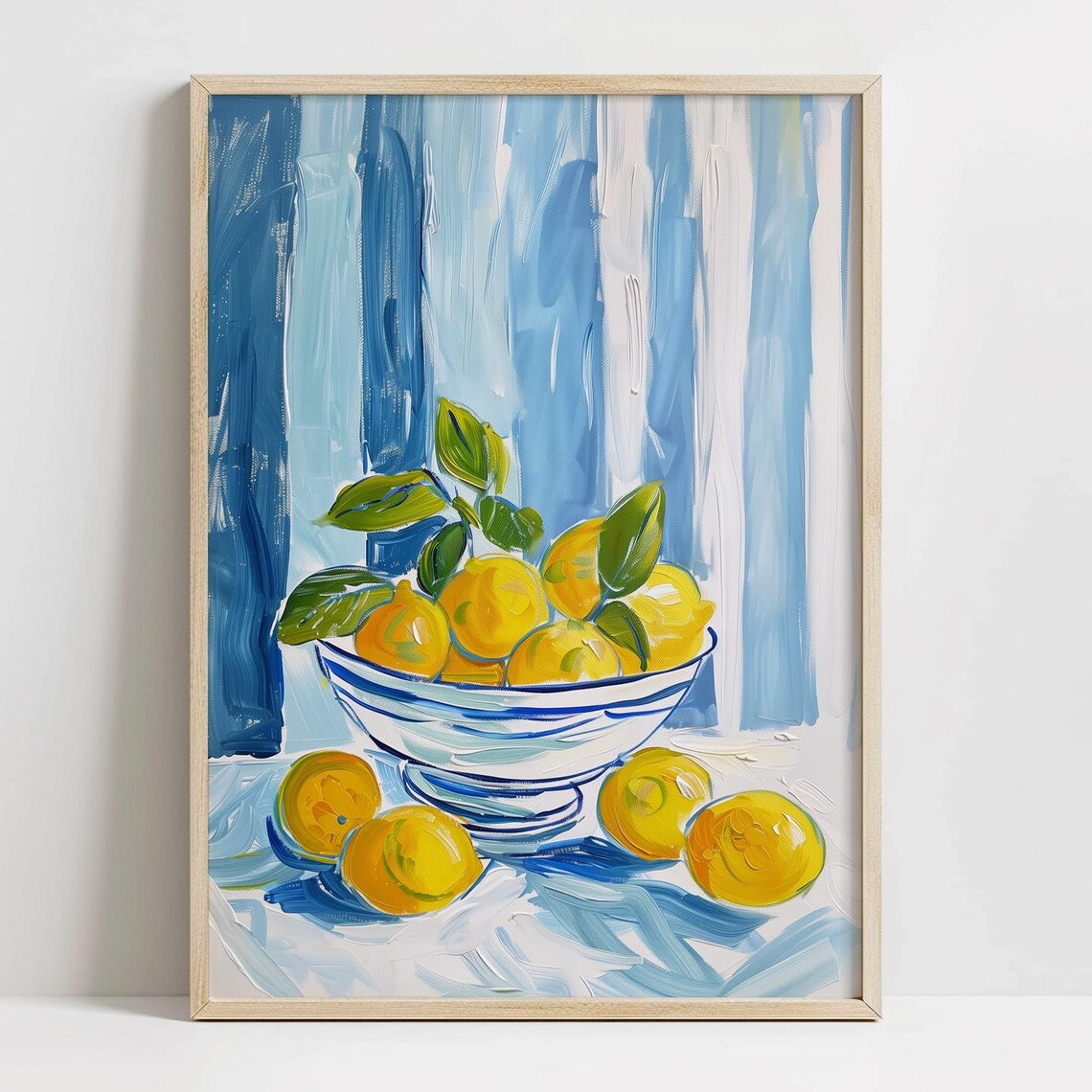 Blue Stripe Lemons Kitchen Art Print, Modern Citrus Decor