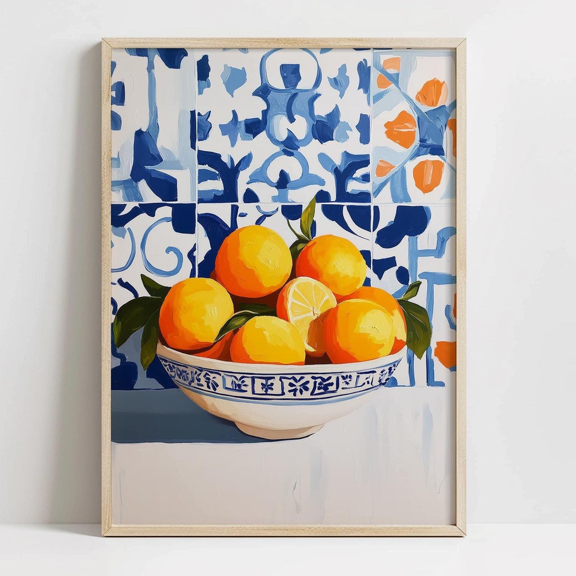 Fresh Oranges Bowl Mediterranean Blue Tile Sunny Kitchen Poster