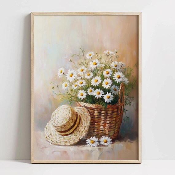 Daisy Basket Straw Hat Still Life Oil Painting Floral Art Print