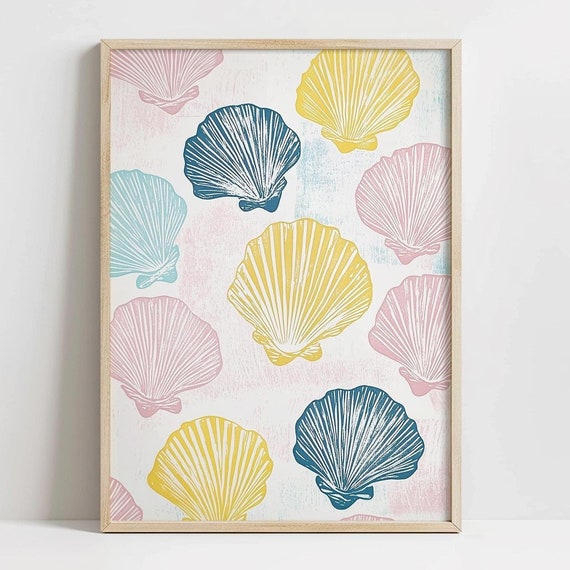 Pastel Seashells Print Cute Beachy Home Decor Grandmillenial Beach Cottage Wall Art Pink Blue Scallop Shells Pattern Print