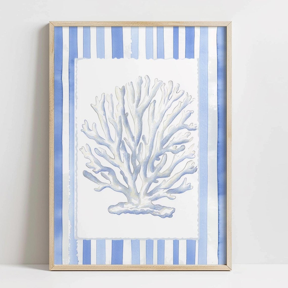 Delicate White Coral Blue Stripes Coastal Beach Decor Poster