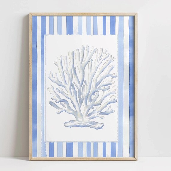Trendy Blue Stripe White Coral Print Beachy Home Decor Grandmillenial Beach Cottage Wall Art Coastal White Coral Branch Print