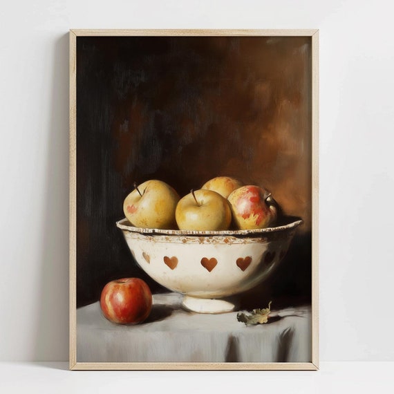 Rustic Moody Apples Print Farmhouse Kitchen Art French Country Fruit Decor Bowl Of Apples Neutral Dining Home Decor Food Art