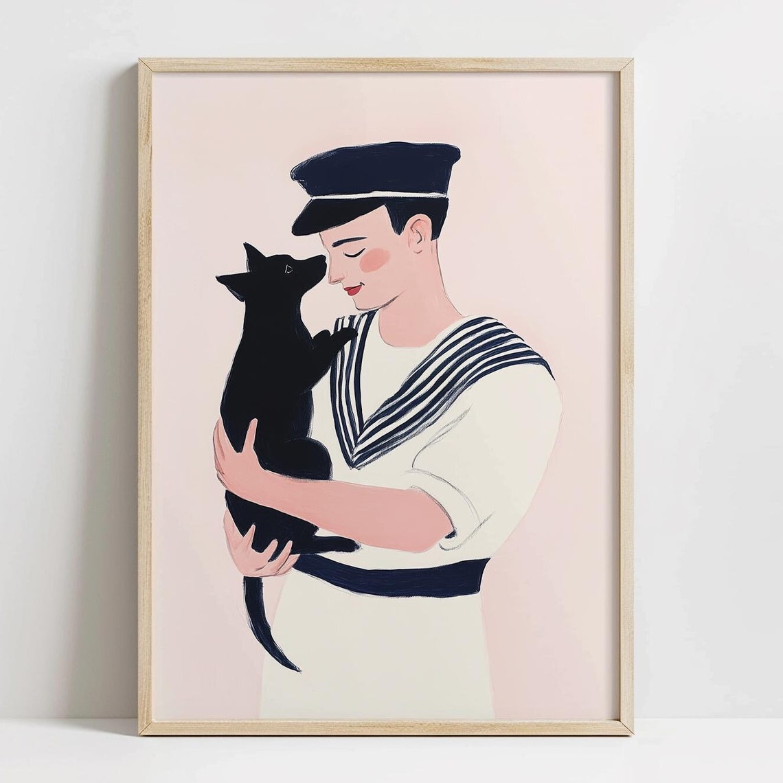 Cute Dog And Sailor Wall Art Dog Love Art Cute Sailor Boy Modern Gouache Art Girly Pink Art Lgbtq Friendship Poster Print