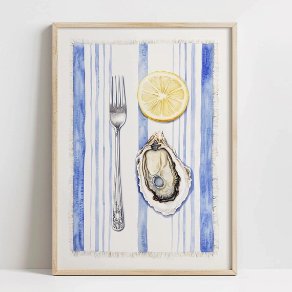 Oyster Fork Lemon Watercolor Seafood Kitchen Navy Stripe Poster