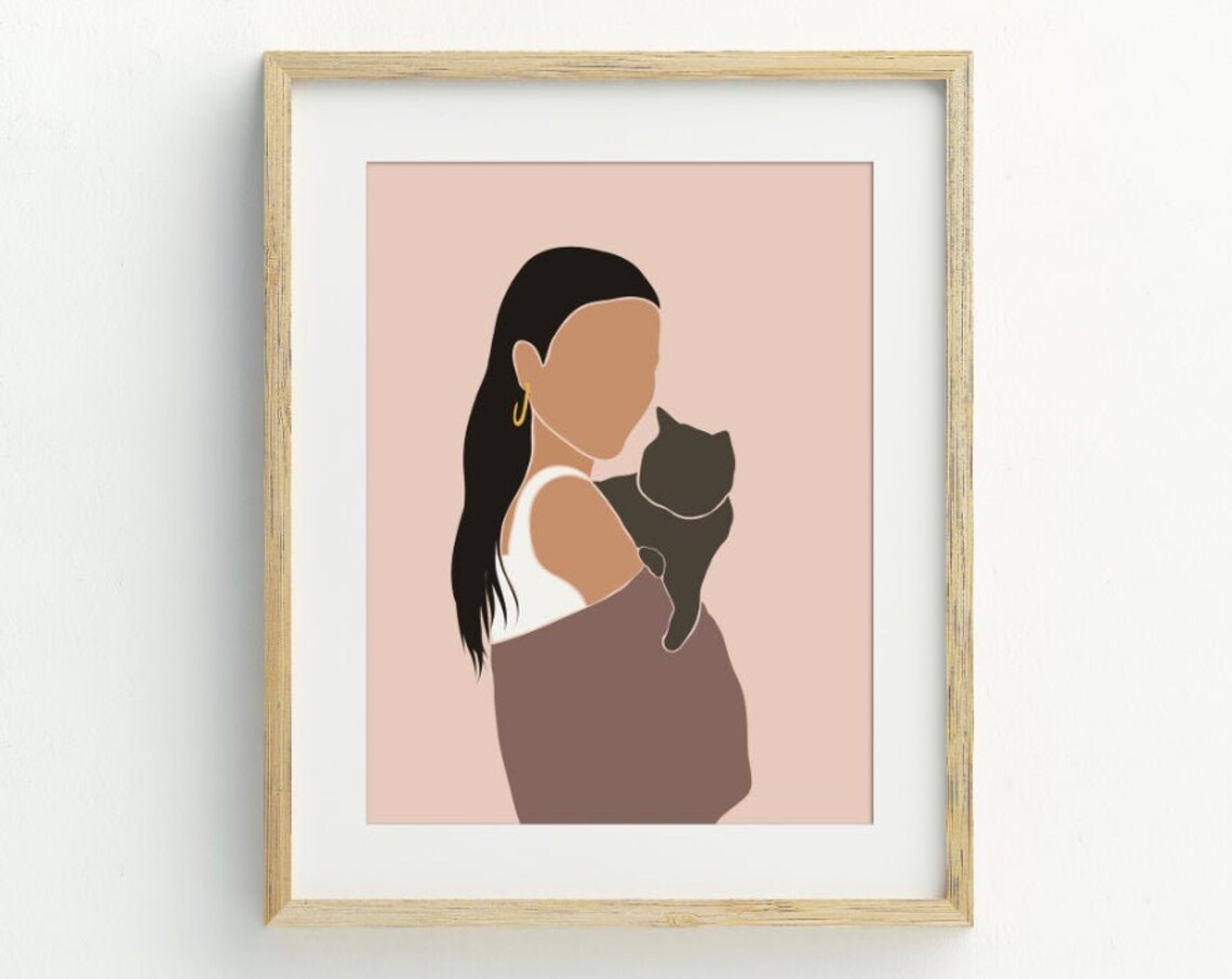 Woman and Cat Abstract Contemporary Art Print