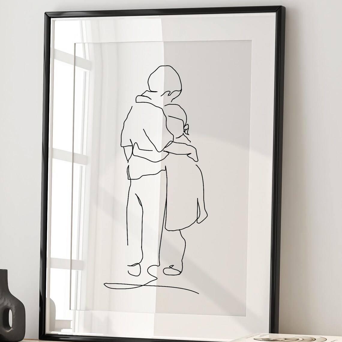 Big Brother Hugging Little Sister Sweet Minimalist Line Art Poster
