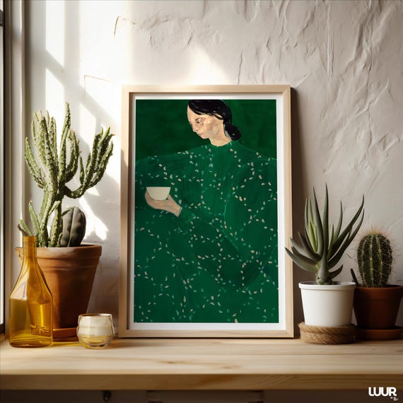 Green Wall Art Coffee Alone At Place De Clichy Portrait Abstract Feminine Modern Poster For Home Or Studio Decor