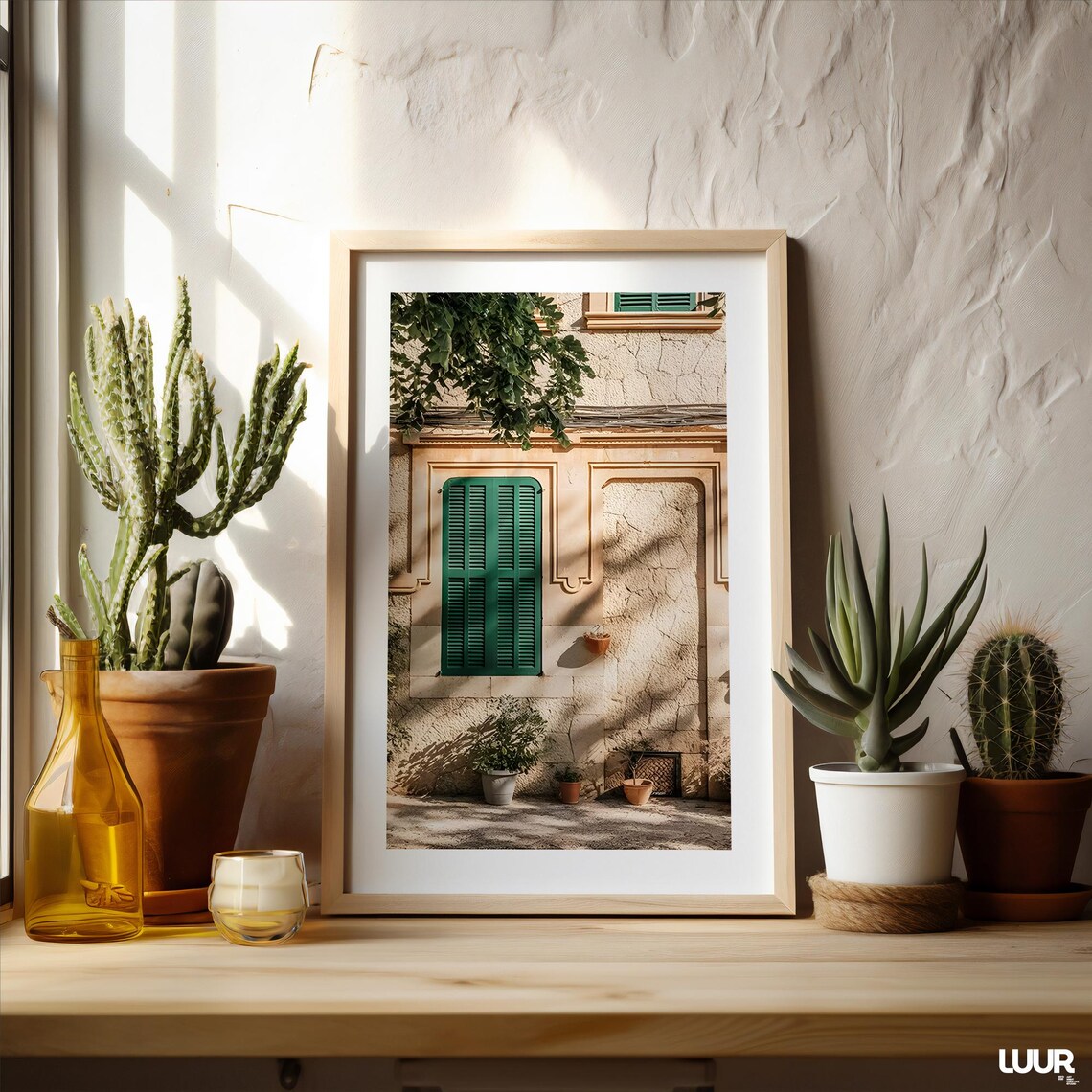 Mediterranean Stone Facade Green Shutters Sunlit Wall Photo Art Poster