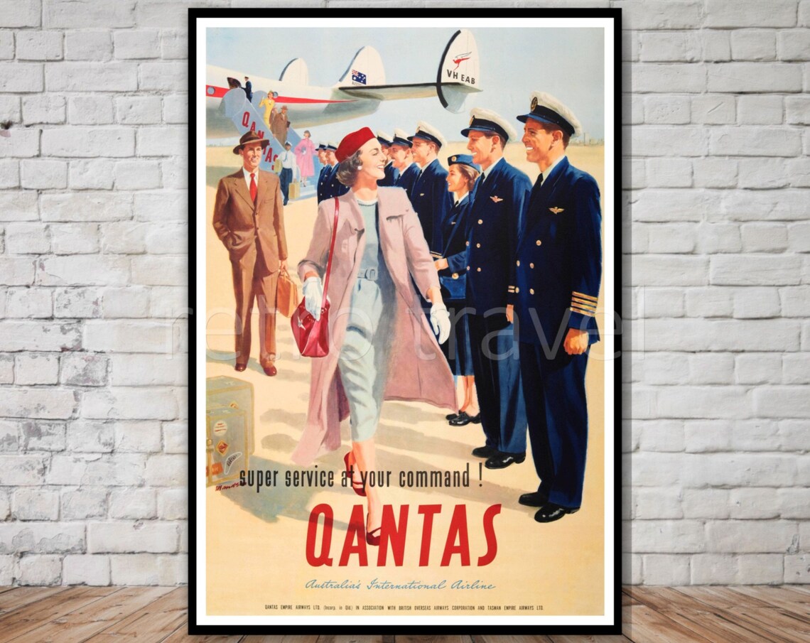 Qantas Airlines Australian Travel Poster, Retro Travel Poster