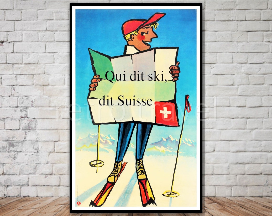 Qui Dit Ski Dit Suisse Vintage Cartoon Skier Map Poster Fun Day