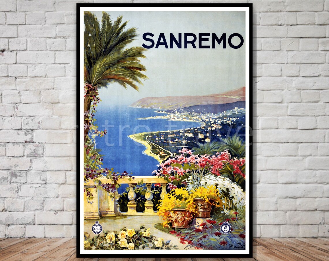 Sanremo Italy Vintage Flower Terrace Bay View Poster Mediterranean