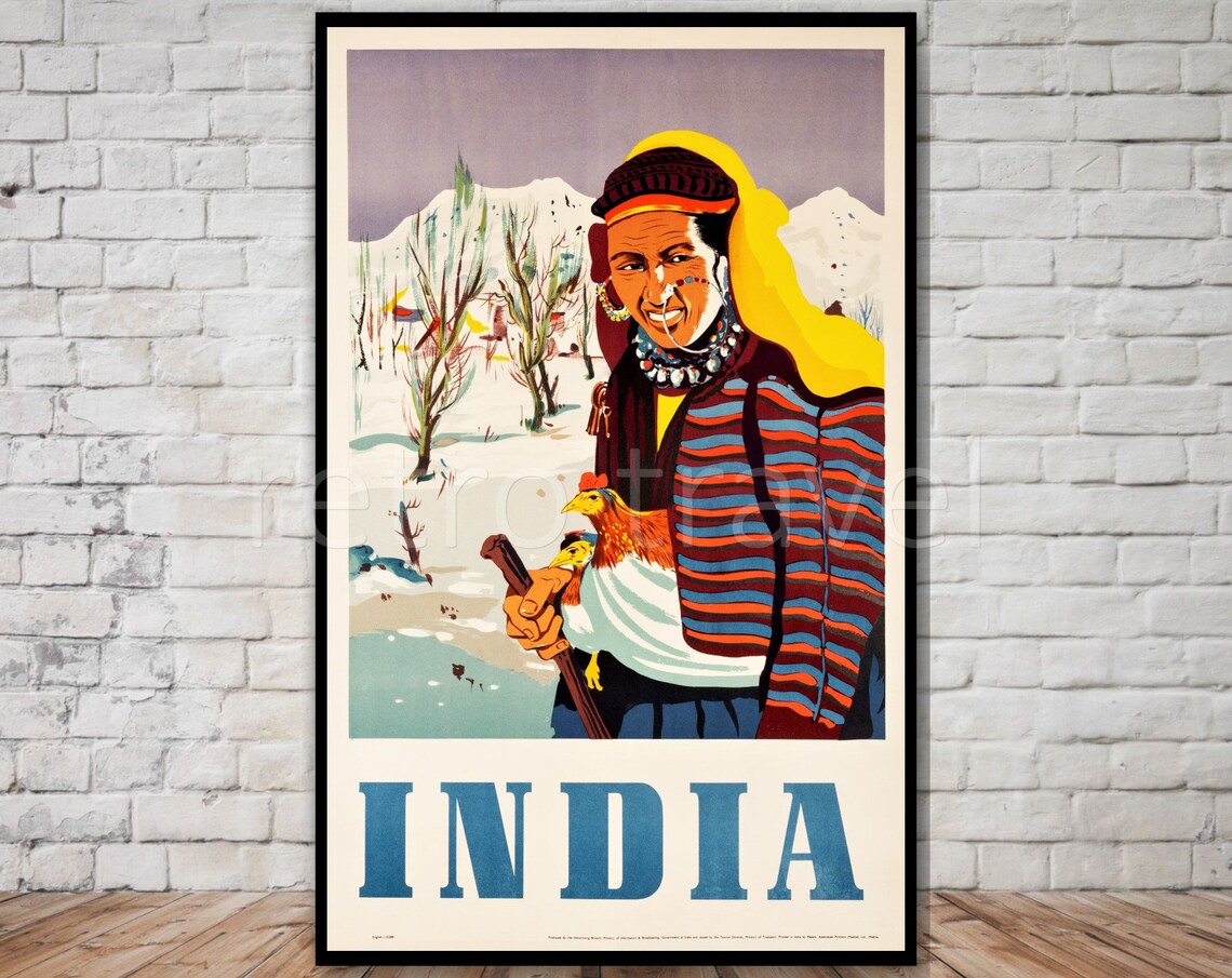 India Winter Village Woman With Chicken Vintage Travel Poster