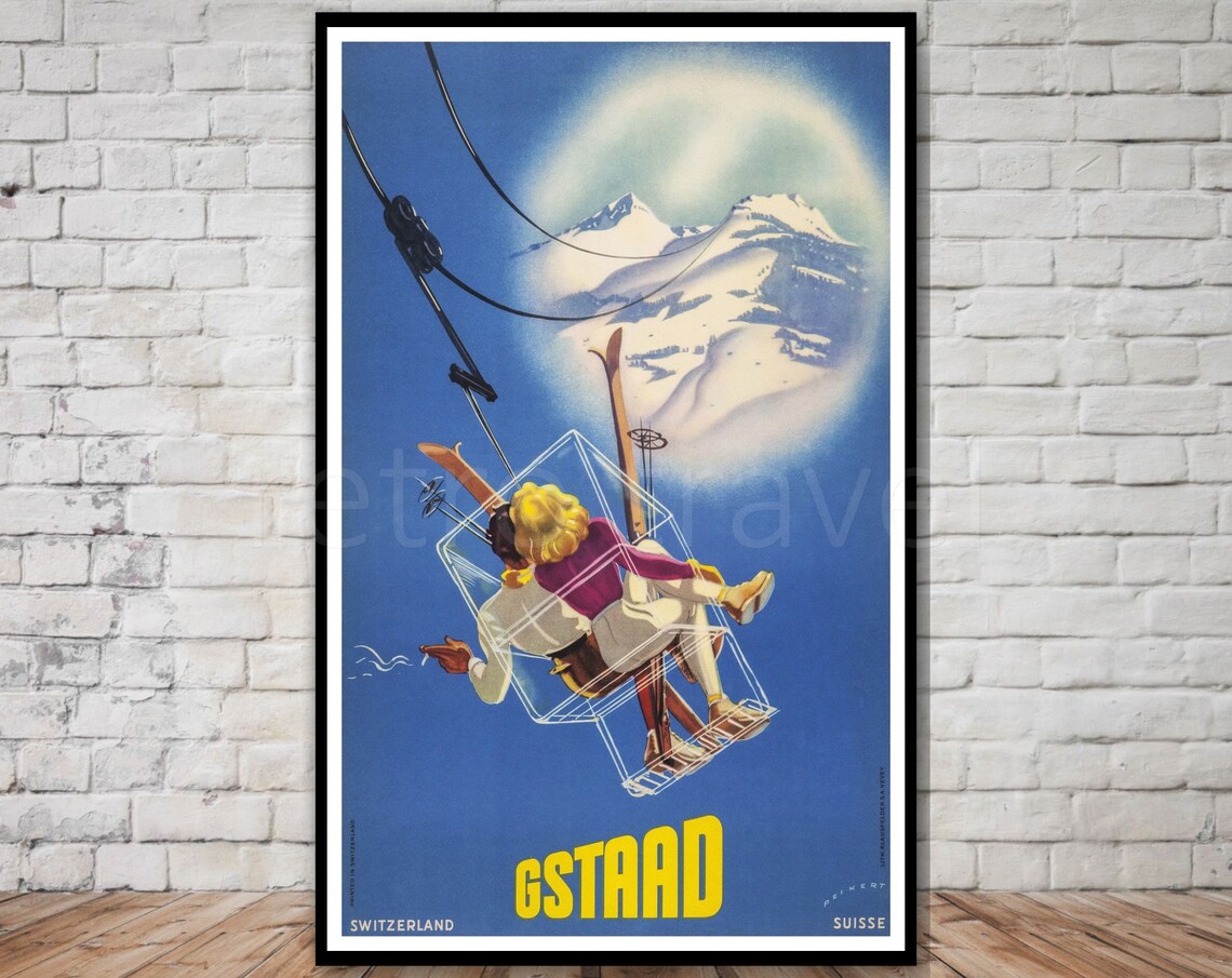 Gstaad Switzerland Vintage Travel Poster, Ski Lift