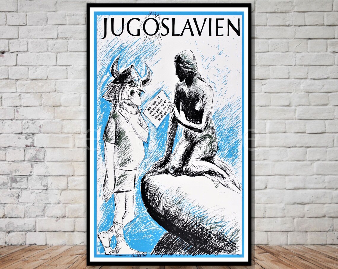 Jugoslavien Cartoon Viking Mermaid Letter Danish Retro Travel Poster