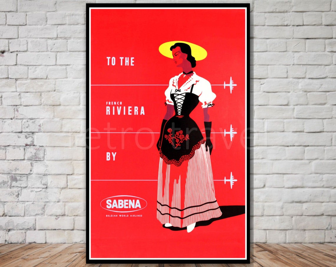 Sabena Airlines French Riviera Travel Poster Instant French Woman In Dress Vintage France Travel Poster