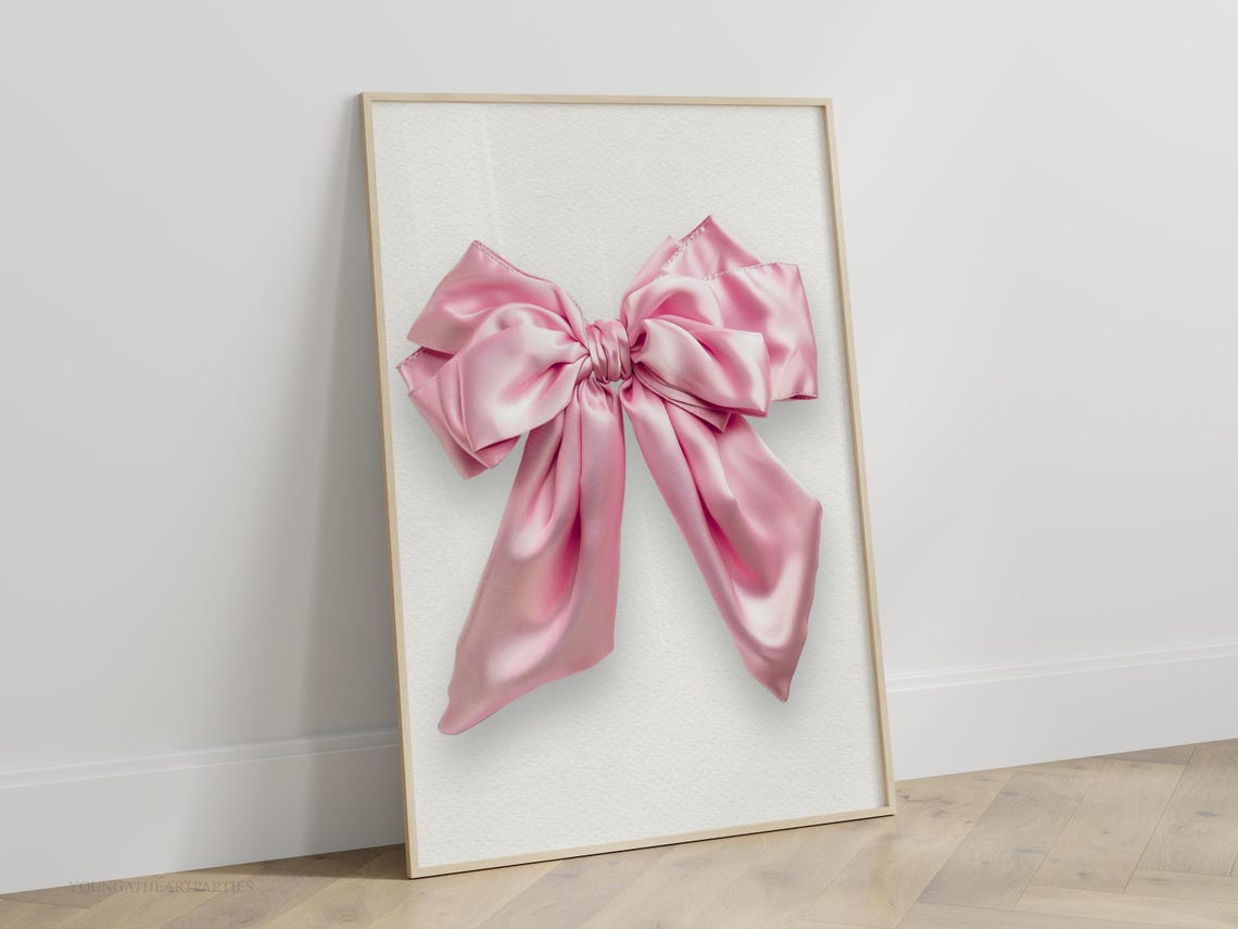 Charming Elegant Pink Satin Bow Coquette Girly Bedroom Wall Art - Image 4