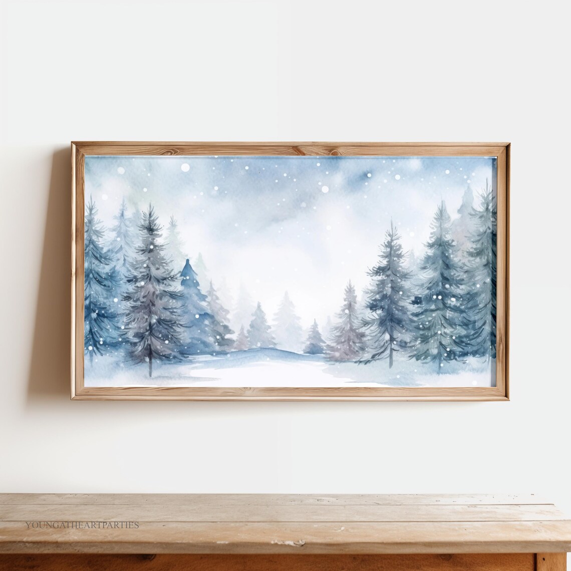 Blue Winter Forest Watercolor Snowy Pines Holiday Frame TV Wall Art - Image 2