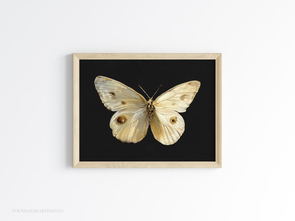 White Moth on Black Moody Insect Gold Frame Vintage Wall Art - Image 5