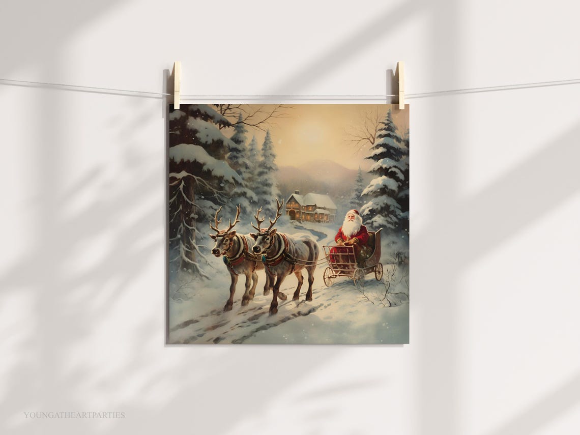 Vintage Santa Sleigh Reindeer Snowy Forest Christmas Wall Art - Image 3