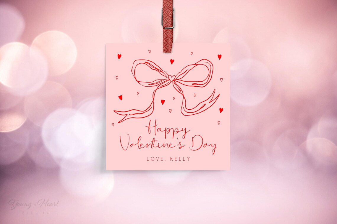 Happy Valentine's Day Gift Tag Pink Bow Line Art Card Poster - Image 4