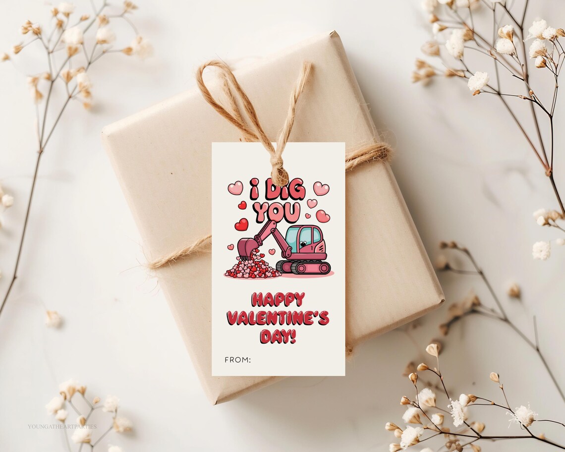 Kids Valentine Excavator I Dig You Classroom Favor Tag Print - Image 6