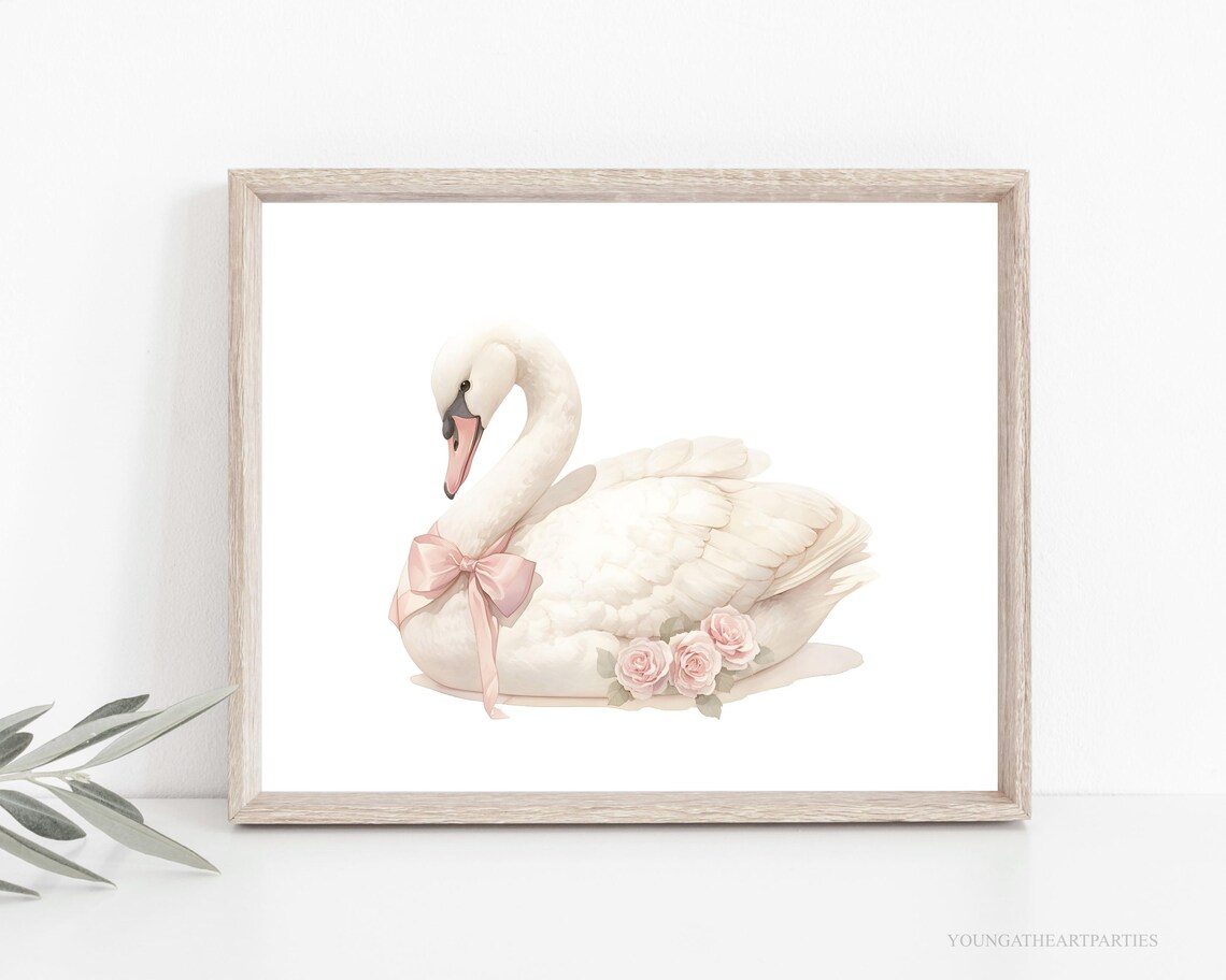 White Swan with Pink Bow and Roses Watercolor Nursery Wall Art - Image 4