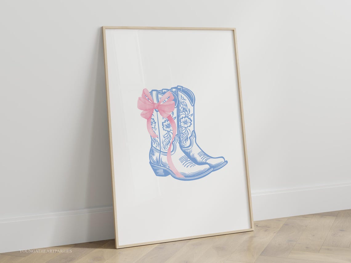 Coquette Blue Cowboy Boots Print Vintage Western Wall Art Cowgirl Poster Wild West Pink Bow Home Decor Trendy Cowgirl Art - Image 6