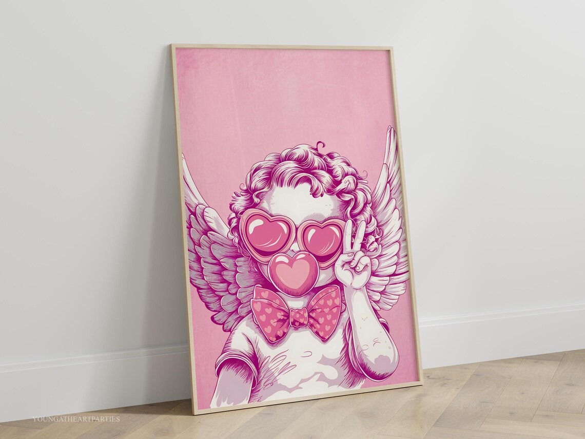 Pink Cupid Valentines Day Cherub Heart Sunglasses Teen Room Wall Art
