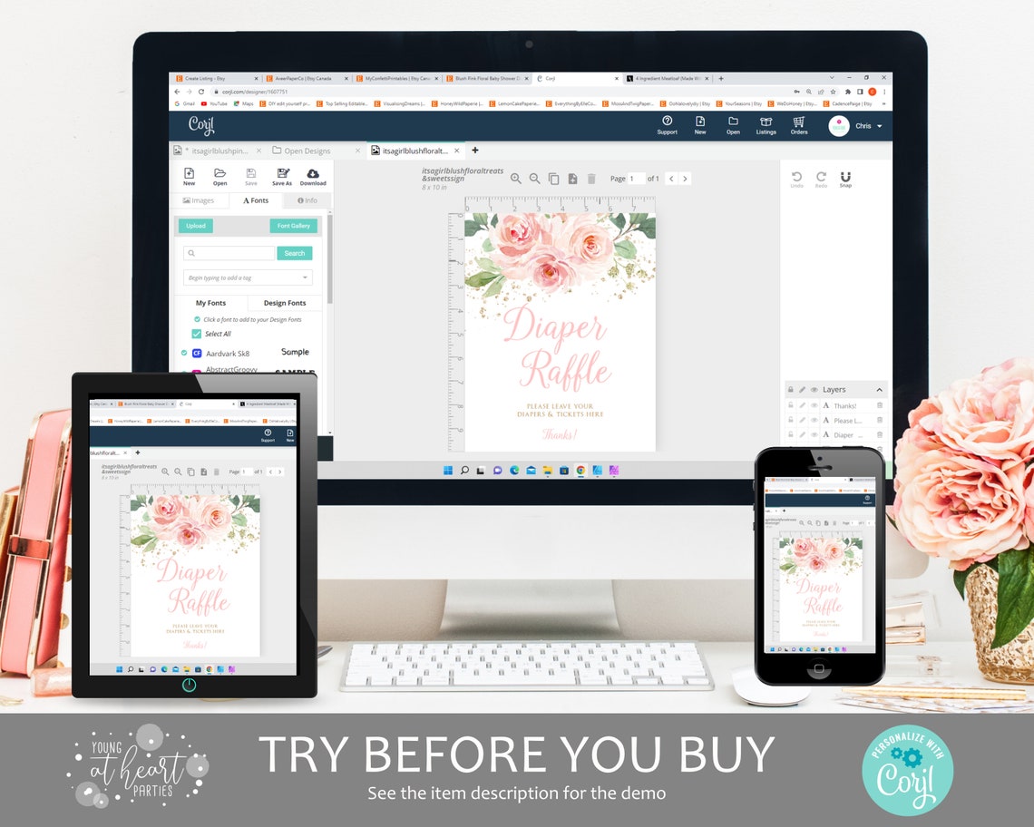 Blush Pink Floral Diaper Raffle Baby Shower Sign And Tickets Print - Image 2
