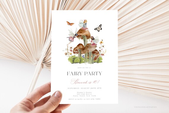 Watercolor Fairy Party Invitation Mushroom Butterfly Magic Poster
