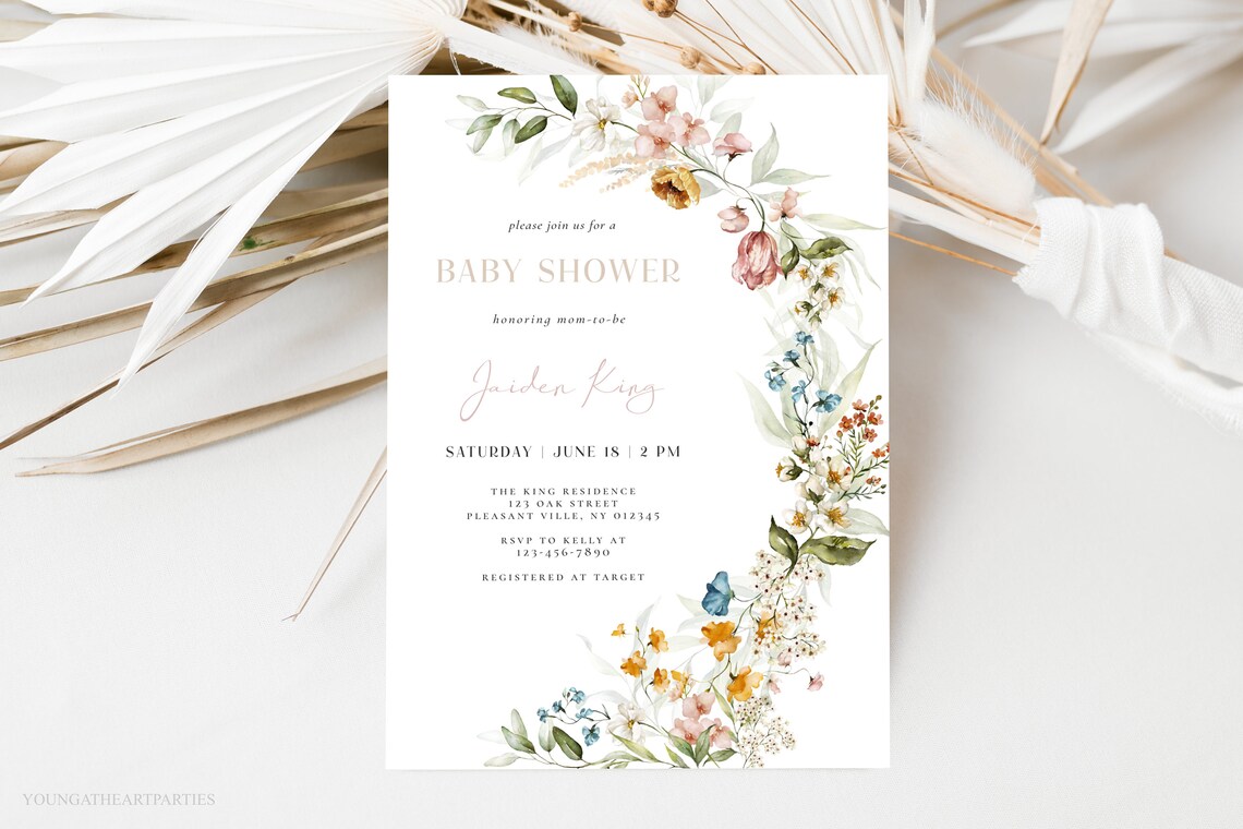 Wildflower Baby Shower Invitation Boho Botanical Floral Mom To Be Poster