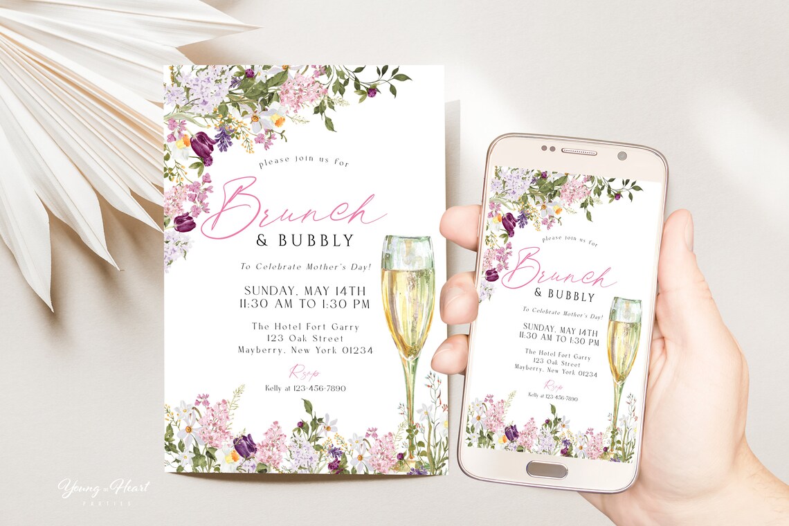 Mothers Day Brunch and Bubbly Invitation Wildflower Champagne Print - Image 4