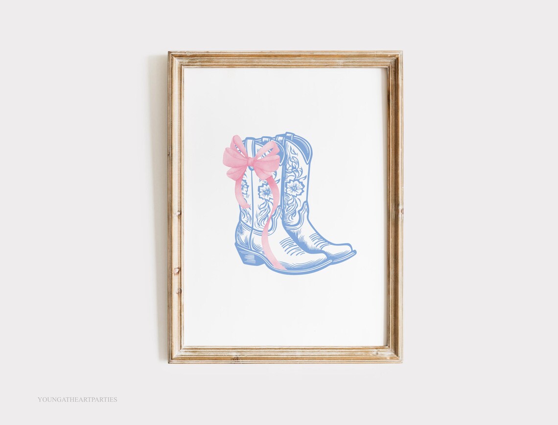 Coquette Blue Cowboy Boots Pink Bow Western Nursery Wall Art - Image 3