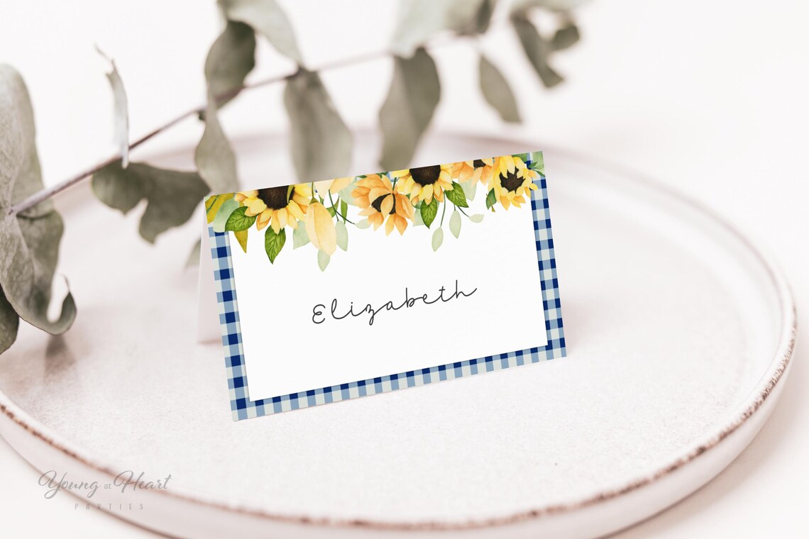 Sunflower Blue Gingham Elizabeth Place Card Floral Tag Art Print