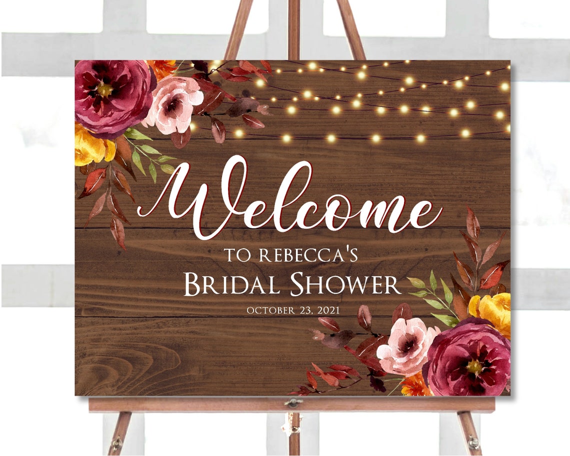 Rustic Wood Bridal Shower Welcome Sign Fall Floral String Lights Print